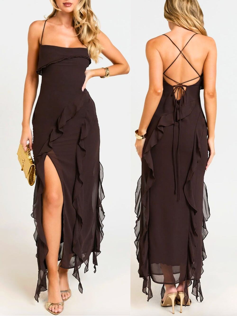 Showpo Chocolate Brown Formal Maxi Dress Size 16 Strappy Ruffle Flowy Side Slit